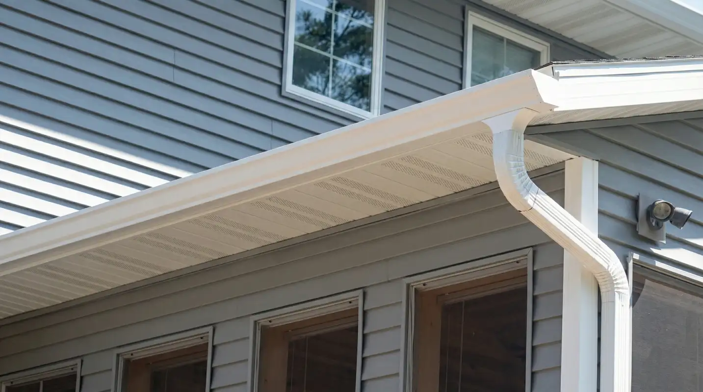Professional home remodeling project showing newly installed white seamless gutters and downspouts on a house with gray siding in Chicago, IL