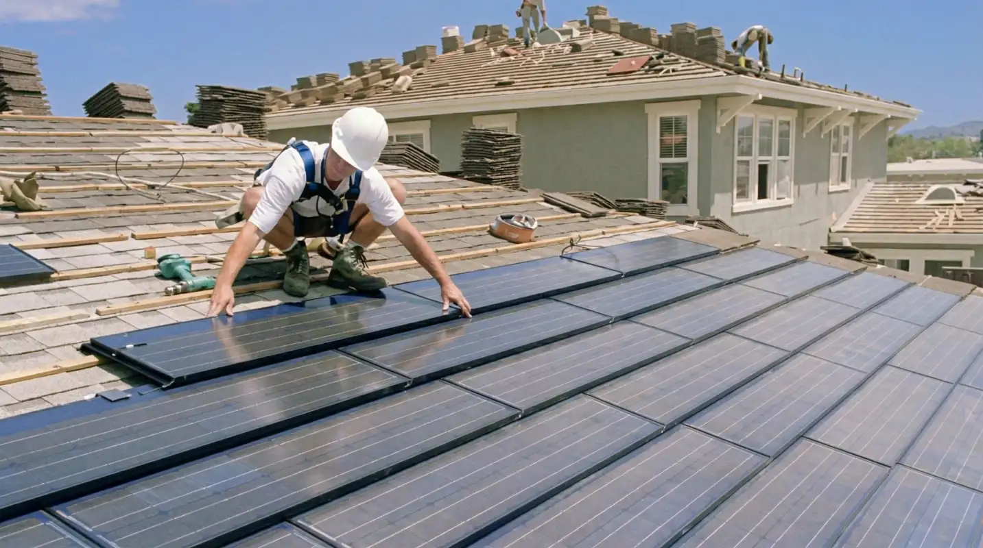 Roof replacement expert installing modern solar shingles on a residential home in Chicago, IL