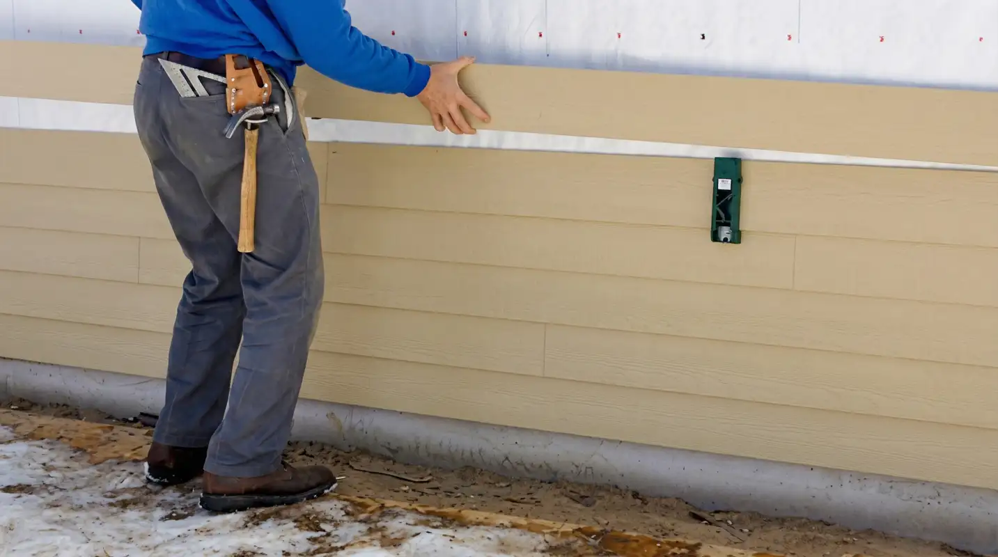 Siding replacement expert carefully aligning a new tan siding panel onto a residential exterior wall in Chicago, IL