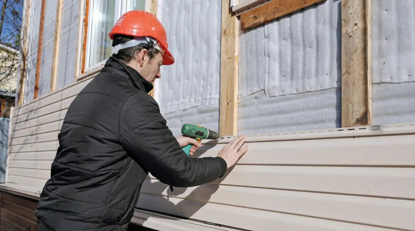 Siding replacement professional using a power drill to install new tan vinyl siding on a home exterior in Chicago, IL