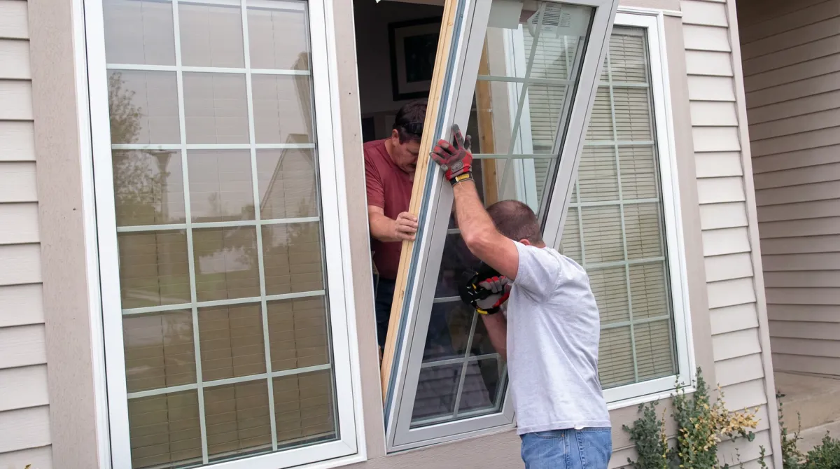 Professional home remodeling team installing a large replacement window on a house with tan siding in Chicago, IL