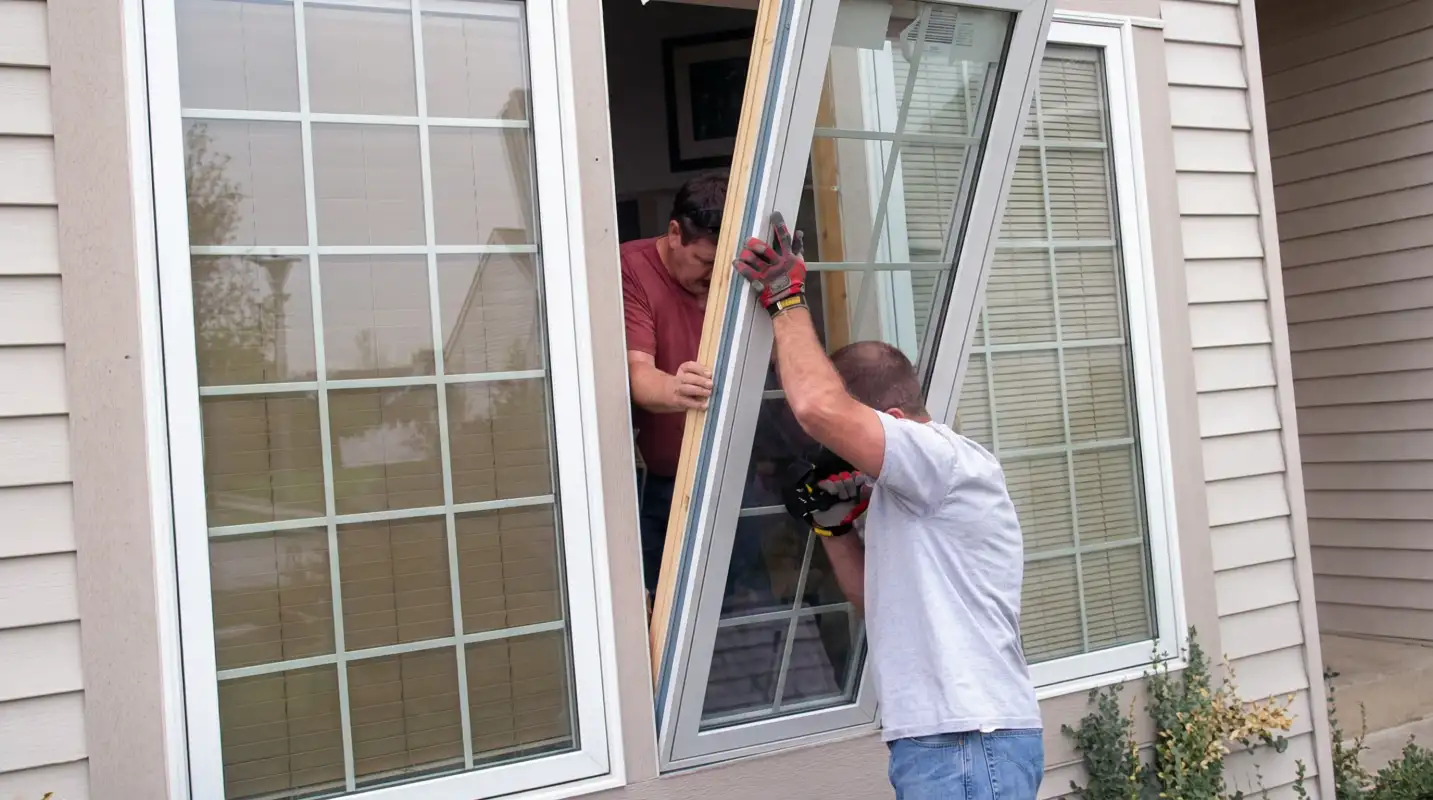 Professional home remodeling team installing a large replacement window on a house with tan siding in Chicago, IL